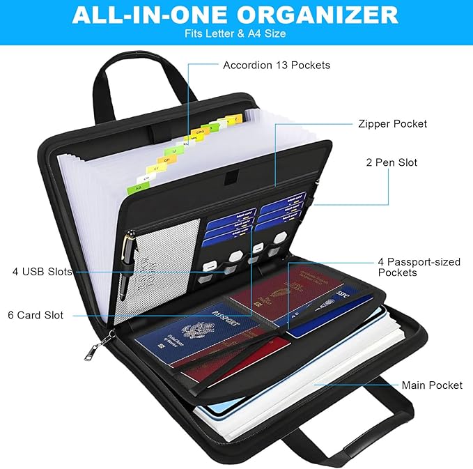 Accordion File Organizer with Lock, Fireproof Expanding File Folders with 13 Pockets Important Document Organizer with Handle & Labels, Portable Document Folder for Letter A4 Files and More