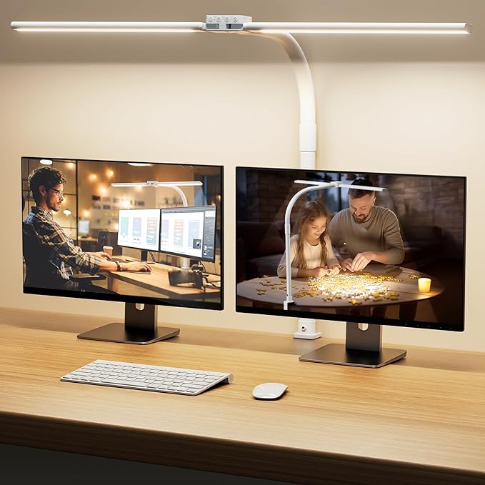 SIBRILLE LED Desk Lamp for Home Office - Eye-Caring Computer Desk Light with Clamp, Adjustable Work Lamp with Color Changing, Dimmable Double Head Monitor Light with Gooseneck, White