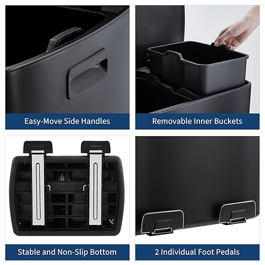 GarveeHome Commercial Dual Trash Can, 16 Gallon Stainless Steel Double Compartment Recycling Bin with Soft-Close Lids, Pedals & Plastic Inner Buckets, 60L Garbage Can for Kitchen, Home, Office, Black