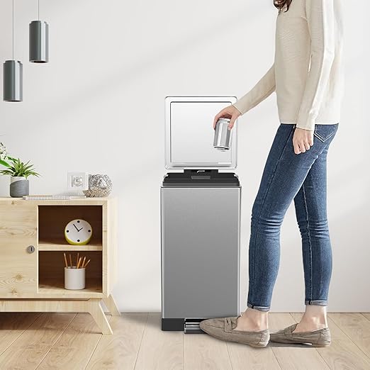 SIMPLYKLEEN Trash Can with Lid - 30 Liter/8 Gallon Square Stainless Steel Trash Can with Odor Protection Kitchen Garbage Cans with Soft-Close Foot Pedal Step Bin for Bathroom Home Office Silver