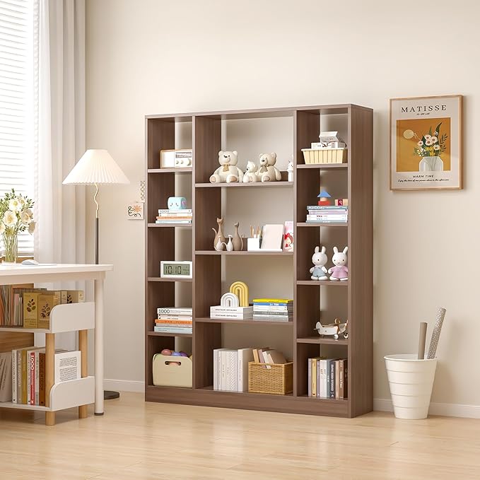 OSCHF Cube Storage Bookcase with Base - Large Wooden Bookshelf with 10 Open Cubes and 4 Shelves for Home and Office, Freestanding Organizer, Walnut