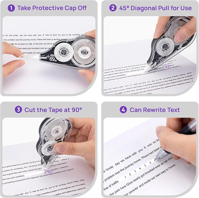 JEFURE 30 Pcs Correction Tape, 39.37 Ft White Wrong Out Tear-Resistant Bulk, Instant Corrections Easy to Use Applicator for School, Office, Note Taking, Journal (Tape Width 0.2 in，Clear)
