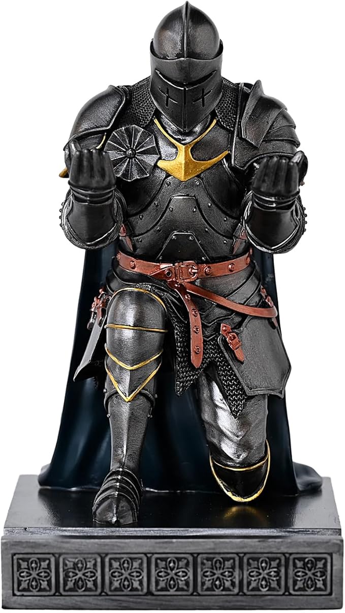 Amoysanli Medieval Armored Warrior Wearing Outerwear, Mobile Phone Stand Knight Pen Holder Desk Organizers, Resin Bookends Paperweight with a Letter Opener for Desk (Iron&Green)
