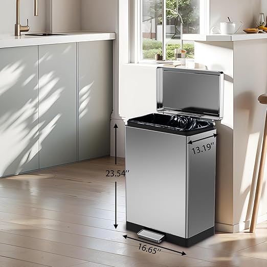 SIMPLYKLEEN 40 Liter / 10.5 Gallon Kitchen Trash Can with Lid, Large Step Garbage Can, Soft-Close Trash Bin for Bathroom Office, Brushed Stainless Steel