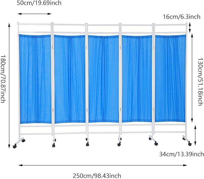 Medical Privacy Screens, Waterproof Nylon Fabric, 98.4 * 70.9 in Foldable Rolling Medical Privacy Screen with Silent Wheels, Suit for Hospitals, Clinics, and Nursing Homes (Blue, 5 Panels)