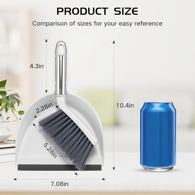 NACENA Mini Broom and Dustpan Set, Small Dust Pan and Brush Set with Handle Dustpan Teeth for Cleaning Hair Suitable for Office Desks Drawers Sofas Outdoor Camping, White & Gray