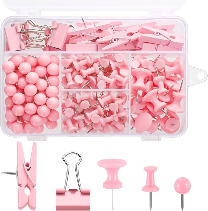 200 Pieces Push Pins Pink Thumb Tacks Cute Decorative Push Pins for Cork Board, 5 Style for Bulletin Boards Wall Maps Pictures Office