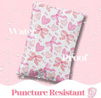 Pretty Package Store 14.5x19 Designer Poly Mailer 100 Pack Heavy Duty Waterproof Self Seal Shipping Bags for Small Business Large Mailing Envelopes Bulk Tear Resistant Packaging Coquette Bows Hearts