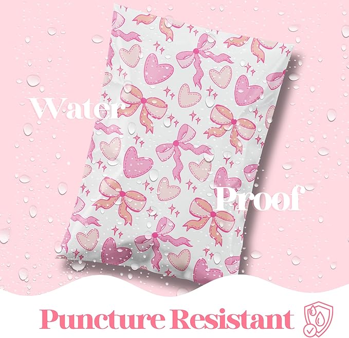 Pretty Package Store 10x13 Designer Poly Mailer 100 Pack Heavy Duty Waterproof Self Seal Shipping Bags for Small Business Large Mailing Envelopes Bulk Tear Resistant Packaging Coquette Bows Hearts