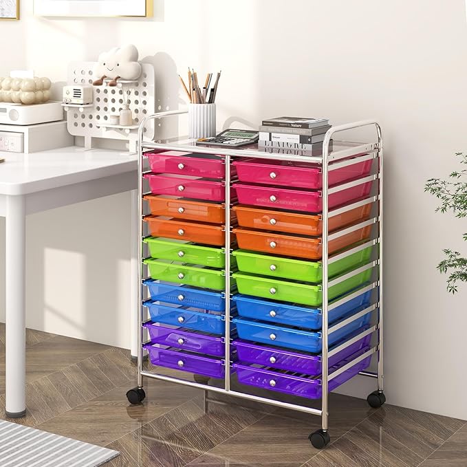 Happygrill 20-Drawer Organizer Cart Tools, Mobile Utility Storage Cart with Removable Drawers & Lockable Wheels, Rolling Storage Cart with wheels for Home Office School (Rainbow)