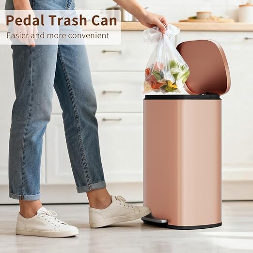 PayLessHere Trash Can Kitchen Stainless Steel Trash Can Trash Can with Lid Removable Inner Bucket Foot Pedal Soft Close for Office Home Kitchen Garbage Can Trash Bin (Pink, 13 G)