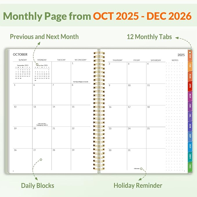 SUNEE 2026 Planner, Weekly and Monthly Calendar Planner, January 2026-December 2026, Daily Agenda with Tabs, Note Pages, Spiral Binding, 8.5"x11", Green