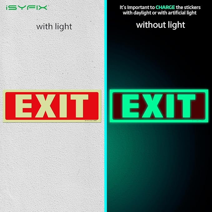 iSYFIX Exit Glow in the Dark Sign Stickers – 6 Pack 12x4 Inch – Photoluminescent Vinyl, Laminated for UV, Weather & Fade Resistance, Indoor & Outdoor for Business, School, Office, Warehouse
