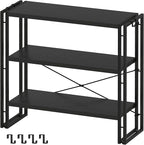 HCHQHS Bookshelf, 3-Tier Industrial Bookcase, Black Open Book Shelf, Freestanding Horizontal Bookshelves with Metal Frame