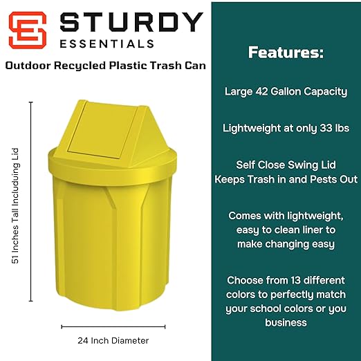 Sturdy Essentials 42 Gallon Round 100% Recycled Plastic Indoor or Outdoor Commercial Trash Can with Easy Access Swing Top Lid | Great for Schools and Businesses - Yellow