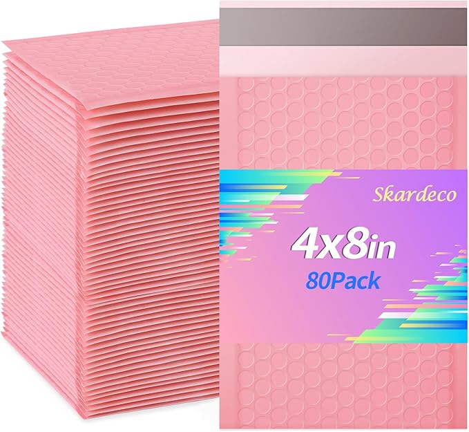 skardeco 4x8 Inch Pink Bubble Mailers 80 Pack Self-Seal Poly Padded Envelopes Suitable for Small Businesses to Package and Mail Jewelry Cosmetics, Electronic Products, Cards (Pink, 4 * 8-80)