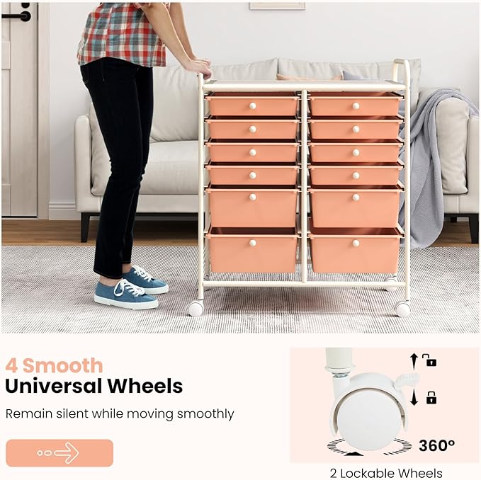 Giantex 12 Drawers Rolling Storage Cart, Classroom Organizers with Wheels for Tools Scrapbook Craft Paper Teacher Office School Supplies (Peach Fuzz)