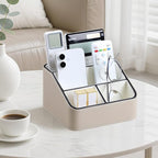 MEIBOOCH Remote Control Holder, PU Leather Small Desk Organizer with 4 Compartments, Nightstand Organizer Desk Caddy for Remote, Notepad, Phone, Glasses, and Accessories (Beige)
