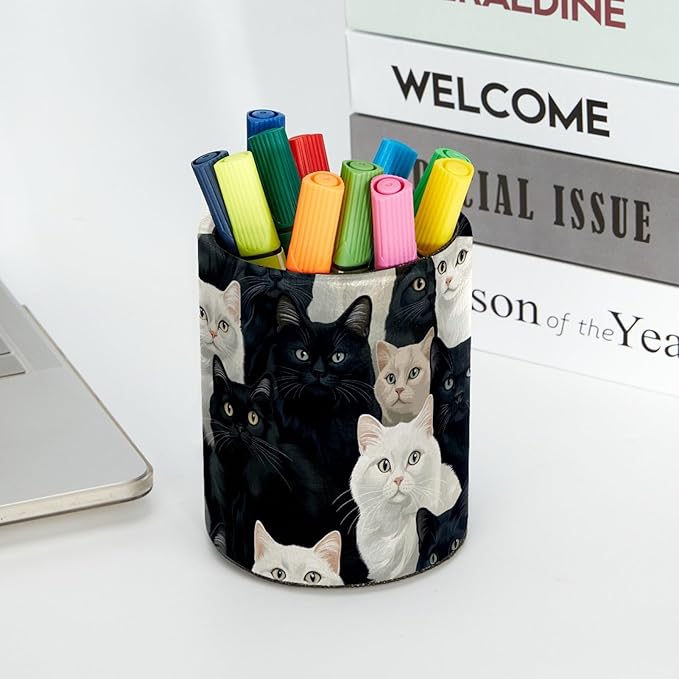 Leather Pen Holder for Desk, Black and White Cats Pencil Cup Desktop Organizer Makeup Brush Holders Office Supplies for Home, Kids & School