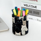 Leather Pen Holder for Desk, Black and White Cats Pencil Cup Desktop Organizer Makeup Brush Holders Office Supplies for Home, Kids & School