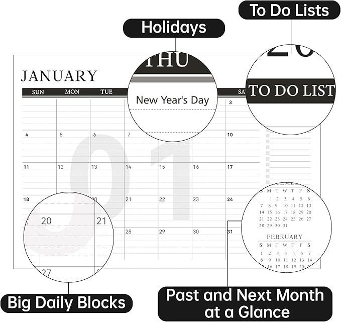 Yoment Desk Calendar Refill 2026-2027, July 2026-Dec 2027, Large 10"x16" Monthly Planner with to-do Lists 18 Months Calendar for Office School Home, Black