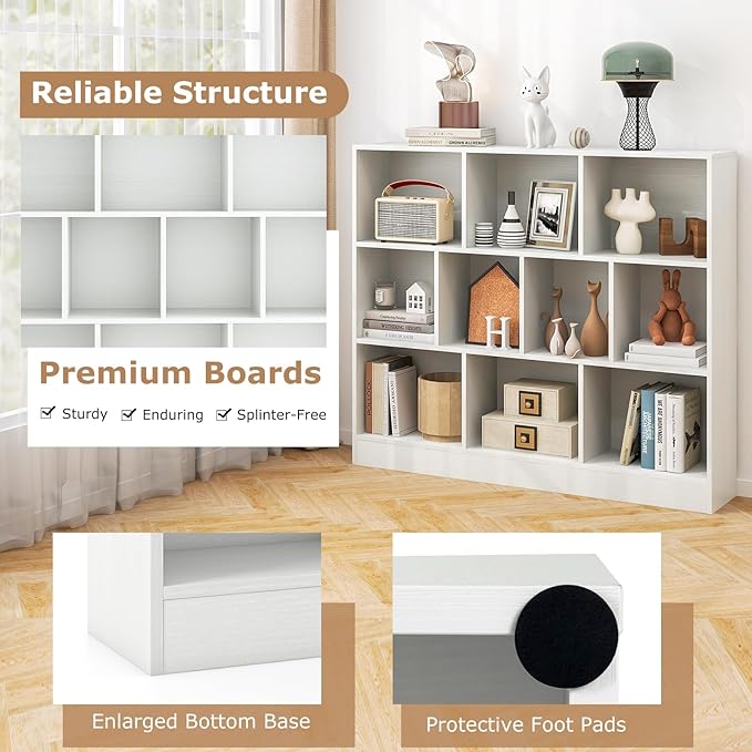 Tangkula 10-Cube Bookshelf, 47.5”L Floor Bookcase with 2 Anti-Tipping Kits, Freestanding Storage Organizer, 4-Tier Display Shelf for Home, Office & Dorms, Natural/White (White, 10-Cube)