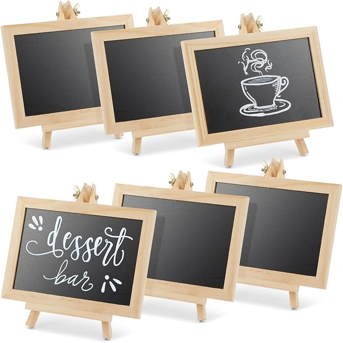 Juvale Wood-Framed Mini Chalkboard Signs - Double-Sided Chalk Board Stand - Versatile Tabletop Sign for Menus & Messages - Buffet Signage & Wedding Display Stand - Pack of 6, 6 x 4 in Writing Area