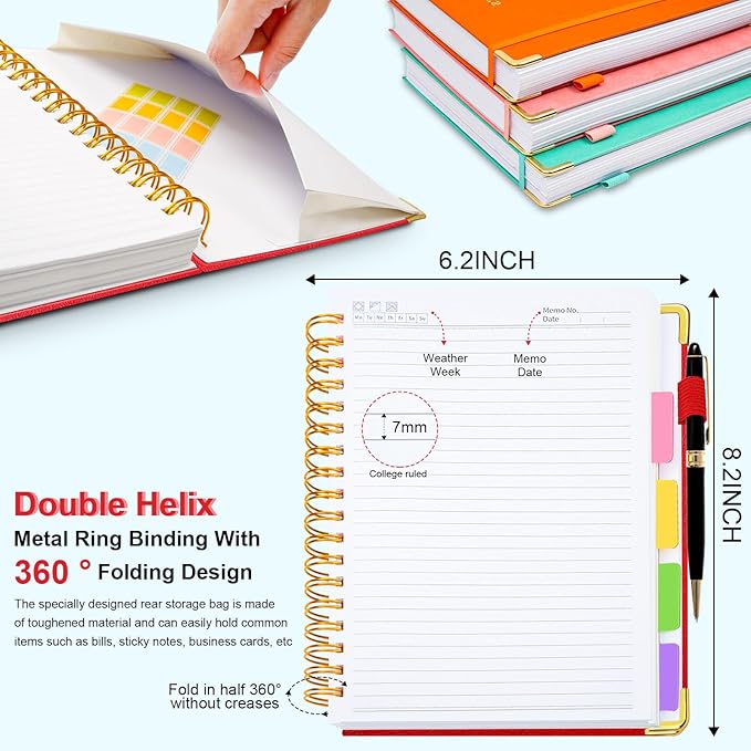 Hardcover Spiral Notebook 6.2"x 8.2" Journal Notebook with Tabs and Removable Dividers 300 Pages 5 Subject Notebook College Ruled, Faux Leather Spiral Bound Notebook for Women School Work(Red)
