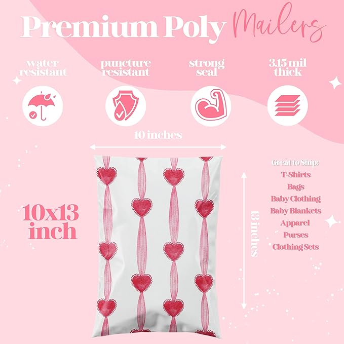 Pretty Package Store 10x13 Designer Poly Mailer 100 Pack Heavy Duty Waterproof Self Seal Shipping Bags for Small Business Large Mailing Envelopes Bulk Tear Resistant Packaging Red Valentine Heart