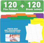 File Folder, HERKKA 120 Pack 1/3 Cut Tab File Folders, Colored File Folders Great for Organizing and Filing, Letter Size, Assorted 6 Colors