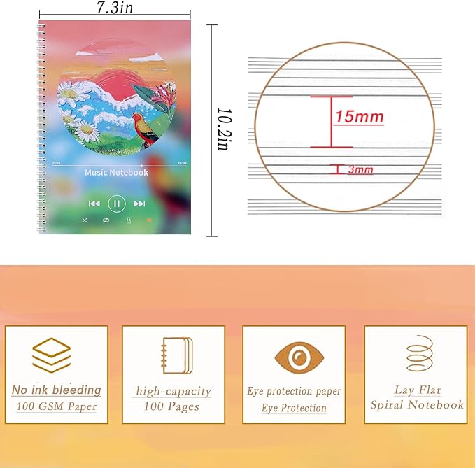 MUDOR Spiral-Bound Blank Sheet Music Notebook, 100 Pages Wide Staff Manuscript Paper with 100 GSM Thick Paper, Non-bleeding, Piano Guitar Composition Notebook for Composers, Students and Musicians (Blue)