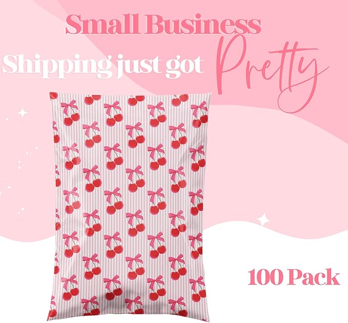 Pretty Package Store 6x9 Designer Poly Mailer 100 Pack Heavy Duty Waterproof Self Seal Shipping Bags for Small Business Large Mailing Envelopes Bulk Tear Resistant Packaging Pink Stripe Cherry Fruit