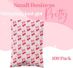 Pretty Package Store 10x13 Designer Poly Mailer 100 Pack Heavy Duty Waterproof Self Seal Shipping Bags for Small Business Large Mailing Envelopes Bulk Tear Resistant Packaging Pink Stripe Cherry Fruit