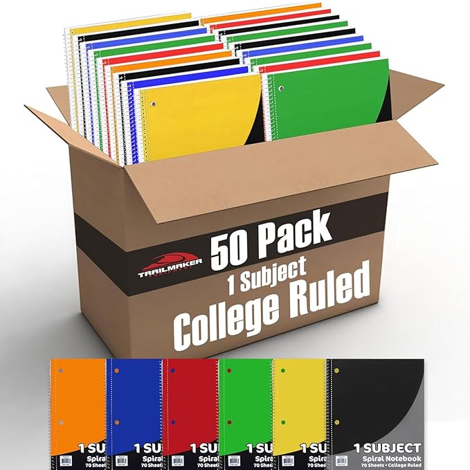 Trail maker Bulk Notebooks (50 Pack), One Subject Notebooks Wide Ruled, 70 Sheets,Spiral Bulk Notebooks for Kids, School Supplies, Journaling, Note Taking, Students, and Work