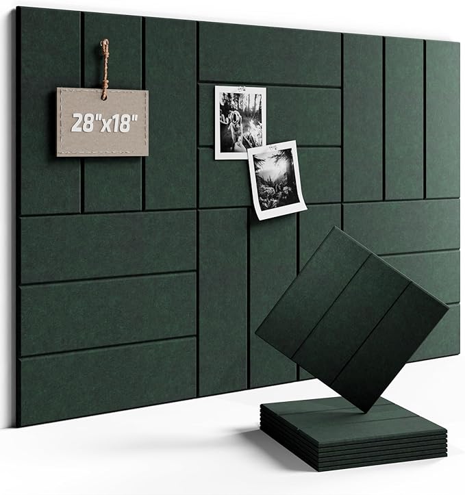 Fluxynara Felt Bulletin Board Tiles -28"x18" with 40 Adhesive Tabs, Cork Board Alternative for Office Decor, Push Pin Board Wall Organizer 6-Pack (Pine Green)