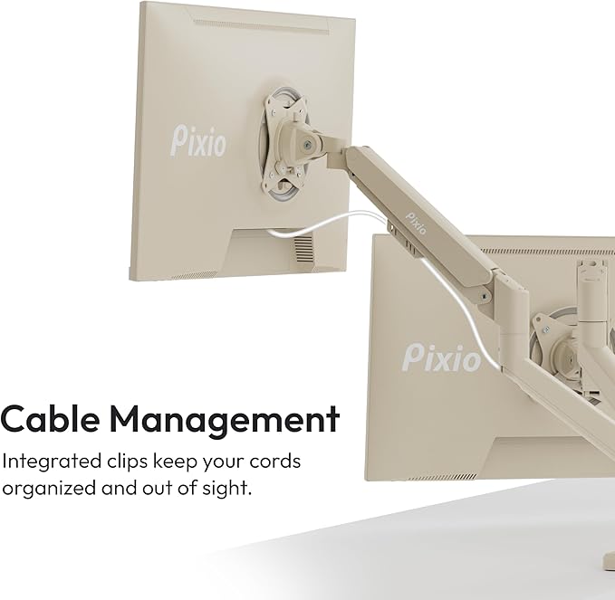 Pixio PS1D Wave Beige Dual Monitor Arm Stand Desk Mount - Fits up to 32 inches Monitors and up to 19.8lbs. VESA Compatibility and Integrated Cable Management