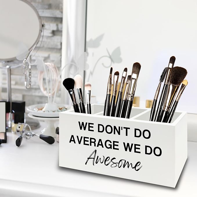 XPH Inspirational Pen Pencil Holder Organizer for Desk, Inspirational Gifts for Women, We Don't Do Average We Do Awesome Motivational Wooden Box Sign for Home Office Desk Tabletop Decorations