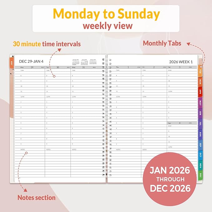 SUNEE 2026 Appointment Book, 2026 Hourly Planner 8.5" x 11", Hourly, Weekly & Monthly Planner - from January 2026 - December 2026, Flexible Cover, Note Page, Pocket, Bookmark, Boho