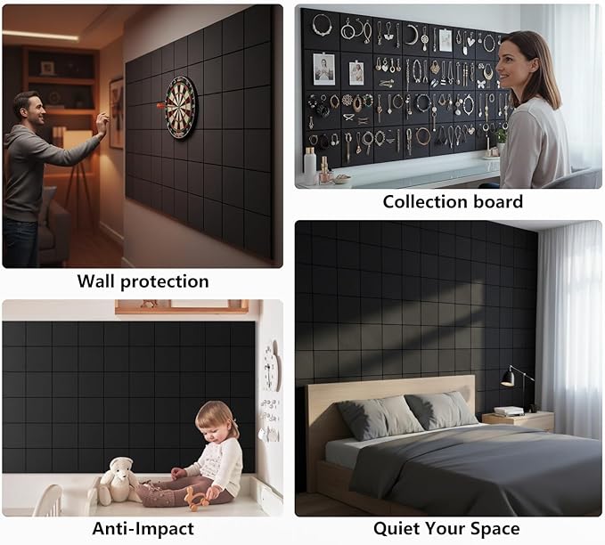 G Gamit Large Felt Wall Tiles Bulletin Board,Large Cork Board Alternative with 30 Pushpins,8-Pack Felt Pin Board with 56 Safe Removable Adhesive Tabs for Home Office School (Black)
