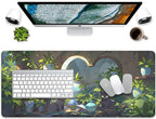 Lofi Cat Mouse Pad Green Plant Desk Pad,Black Cat Extended Gaming Mouse Mat with Stitched Edges Non-Slip Waterproof Rubber Base Mous Mat for Office,Computer,Keyboard,Laptop,Home Desk Pad(27.5X11.8 in)