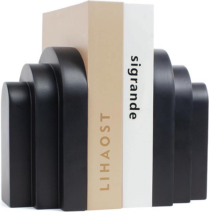 LIN CHUAN Heavy Duty Book Ends for Shelves, Decorative Bookends for Heavy Books Set of 2, 6.6 LBS Modern Book Stopper for Home Decor, Bookshelf, Aesthetic Bookend with Layered Arch Design, Black