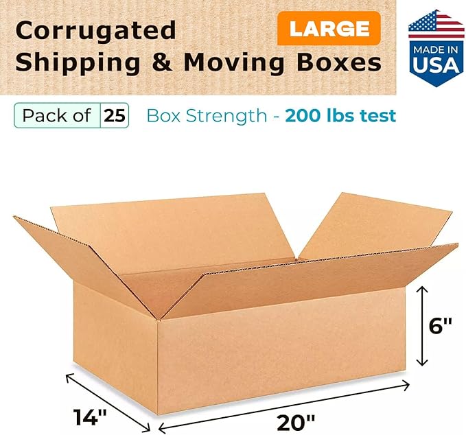 Large Shipping & Moving Boxes 20"L x 14"W x 6"H (25-Pack) - Extra Strength 200 lb vs Regular - Corrugated Moving Boxes Large for Delivering - Heavy Duty Moving Box - Packing Box by IDL Packaging