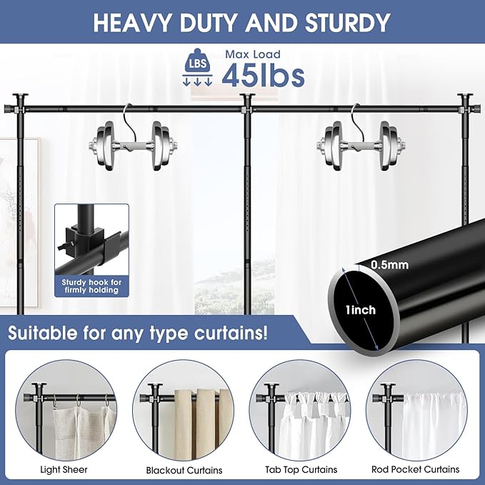 AKTOP Room Divider, No Drilling Curtain Tension Rods Wall Divider for Room Separation, 4-10ft(H) 30-147"(W) Adjustable, Heavy Duty Floor to Ceiling Space Separator Privacy Dividers for Rooms, Black