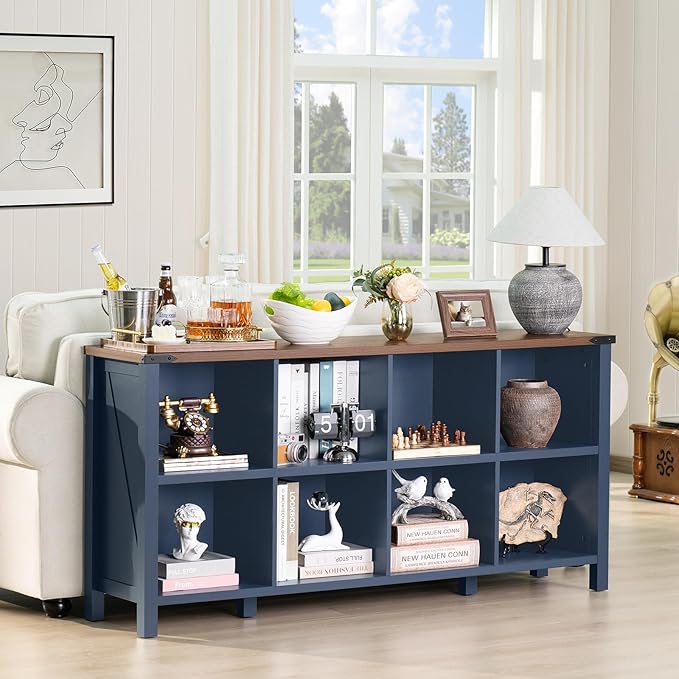Joaxswe 8 Cube Book Shelf, Farmhouse Wood Long Storage Organizer Bookcase, 62" Horizontal Navy Blue Console Closet Bookshelf, Hallway TV Stand for Entryway, Display Cabinet Book Case for Living Room