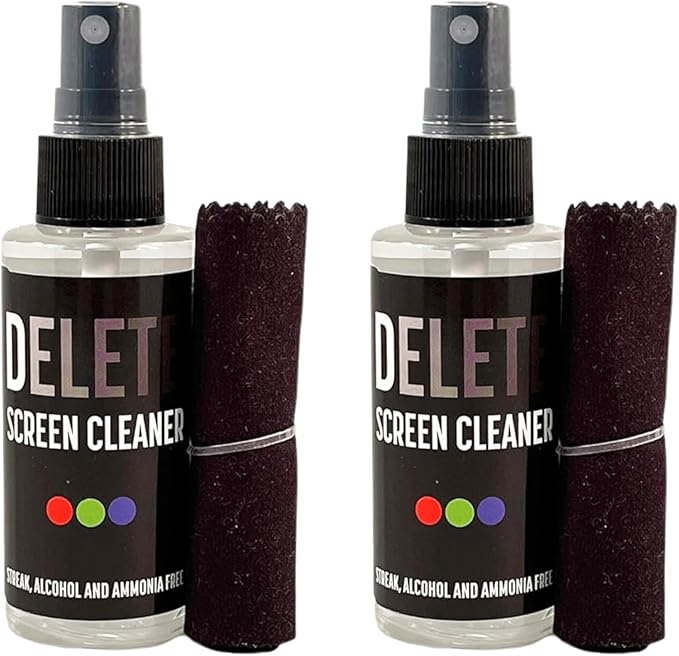 Delete Screen Cleaner Spray Kit, 2 Pack, 2oz Bottle and 2x 6"x6" Microfiber Cleaning Cloth, Streak-Free, Safe and Gentle Formula, Multi-Purpose for Travel, Small TVs, Cameras, Laptops, Phones