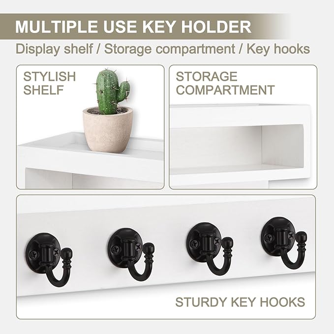 Lucundm Key and Mail Holder Wall Mount, Key Hanger with Long Storage Box and 6 Hooks for Coat, Dog Leash, Home Decor Rack, House Accessories, Entry Way Organizer (White)