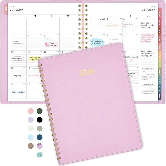 Forvencer 2026 Planner Weekly and Monthly, Jan 2026 -Dec 2026, Vegan Leather Cover Calendar Planner, 8.5" x 11" Agenda with Color Tabs, Inner Pocket, Spiral, 2026 Planner for Office School Supplies