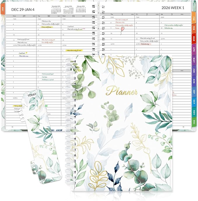 SUNEE 2026 Appointment Book, 2026 Hourly Planner 6.4"x8.3", Hourly, Weekly & Monthly Planner - from January 2026 - December 2026, Flexible Cover, Note Page, Pocket, Bookmark, Leaves