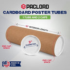 Paclord 3" x 12" Reinforced Kraft Paper Mailing Tube, Pack of 1 Tube with 2 Caps – Secure USPS Approved Poster Tube – Cardboard Tube for Shipping and Storing Posters, Prints, Artwork, or Documents