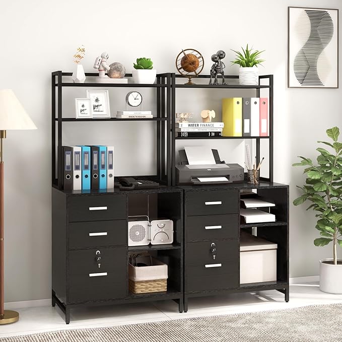 Livofloral File Cabinet with Charging Station, 3 Drawer Filing Cabinet with Bookshelf, Large Printer Stand with Open Storage Shelves for Home Office, Locking File Cabinets Fits Letter/A4 Size, Black